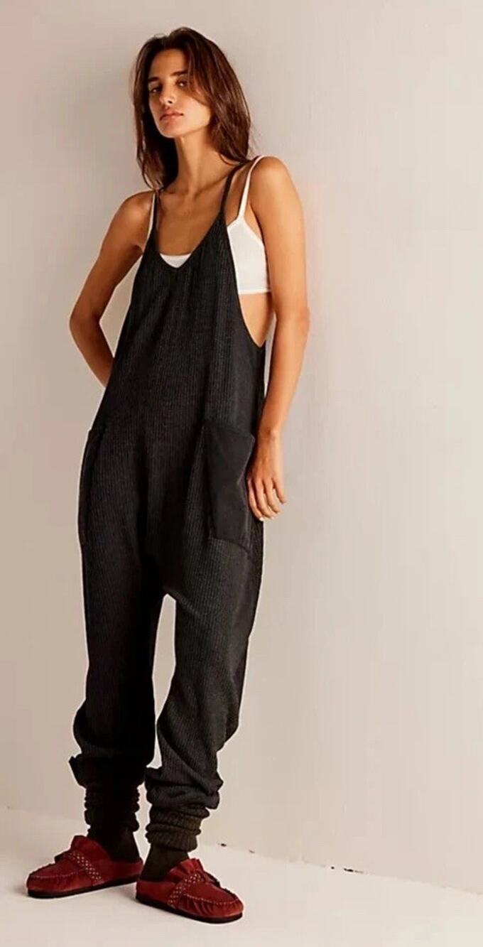 Free People FP One Frankie Jumpsuit Black Harem Leg Waffle Pocket V Neck Medium